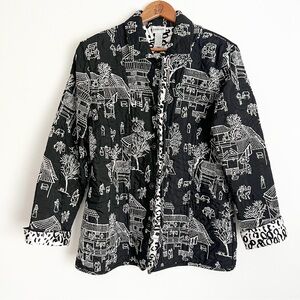 Chico’s Silk Blend Black Button Jacket Reversible Quilt Asian Setting Women 2/L